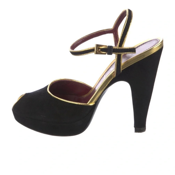 Prada Black Suede Slingback Peep Toe Platform Heels Size 5 - Picture 9 of 16